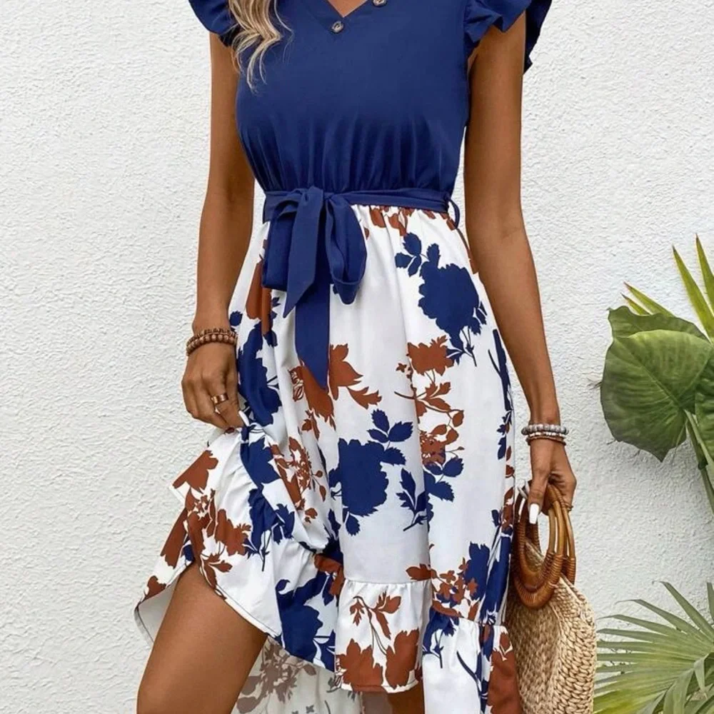 Navy and White Floral Tie-Waist Midi Dress - Picture 3 of 6